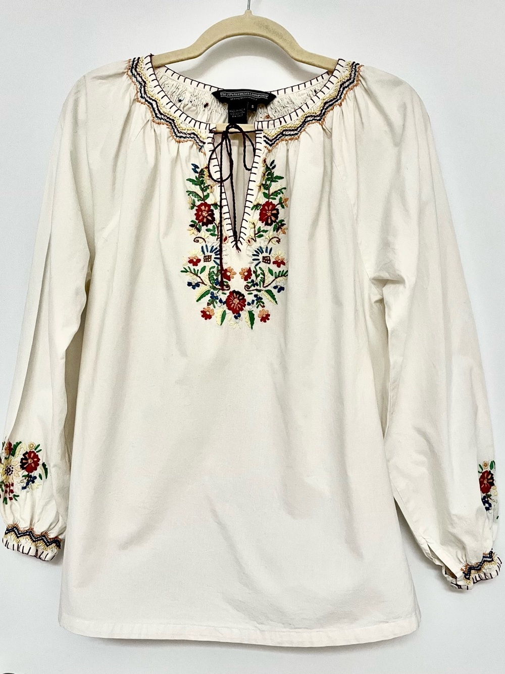 Embroidered Cream Peasant Blouse with Floral Yoke